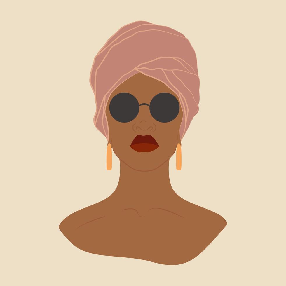 jovem negra em uma ilustração quadrada de turbante e óculos. ilustração em vetor cor isolada. ilustração de estilo cartoon moderno para design gráfico