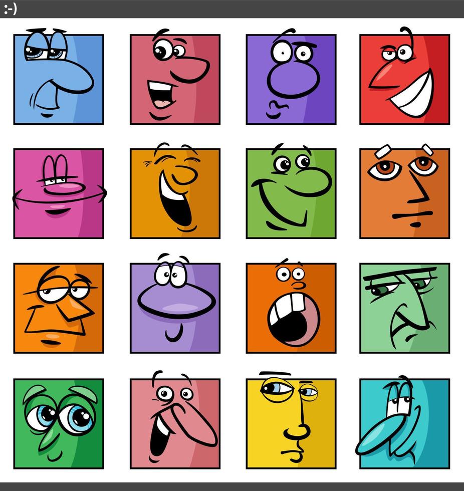 conjunto de ilustração de desenhos animados de expressões e rostos cômicos vetor