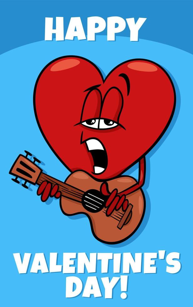 cartão de dia dos namorados com coração de desenho animado apaixonado tocando violão vetor