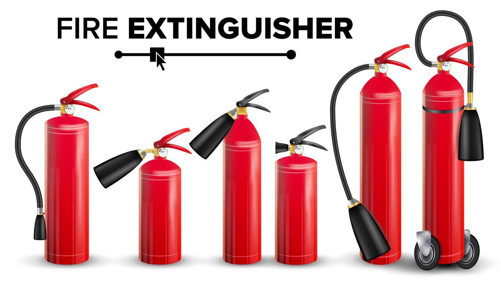 vetor de conjunto de extintor de incêndio. tipos diferentes. brilho de metal ilustração isolada de extintor vermelho realista 3d