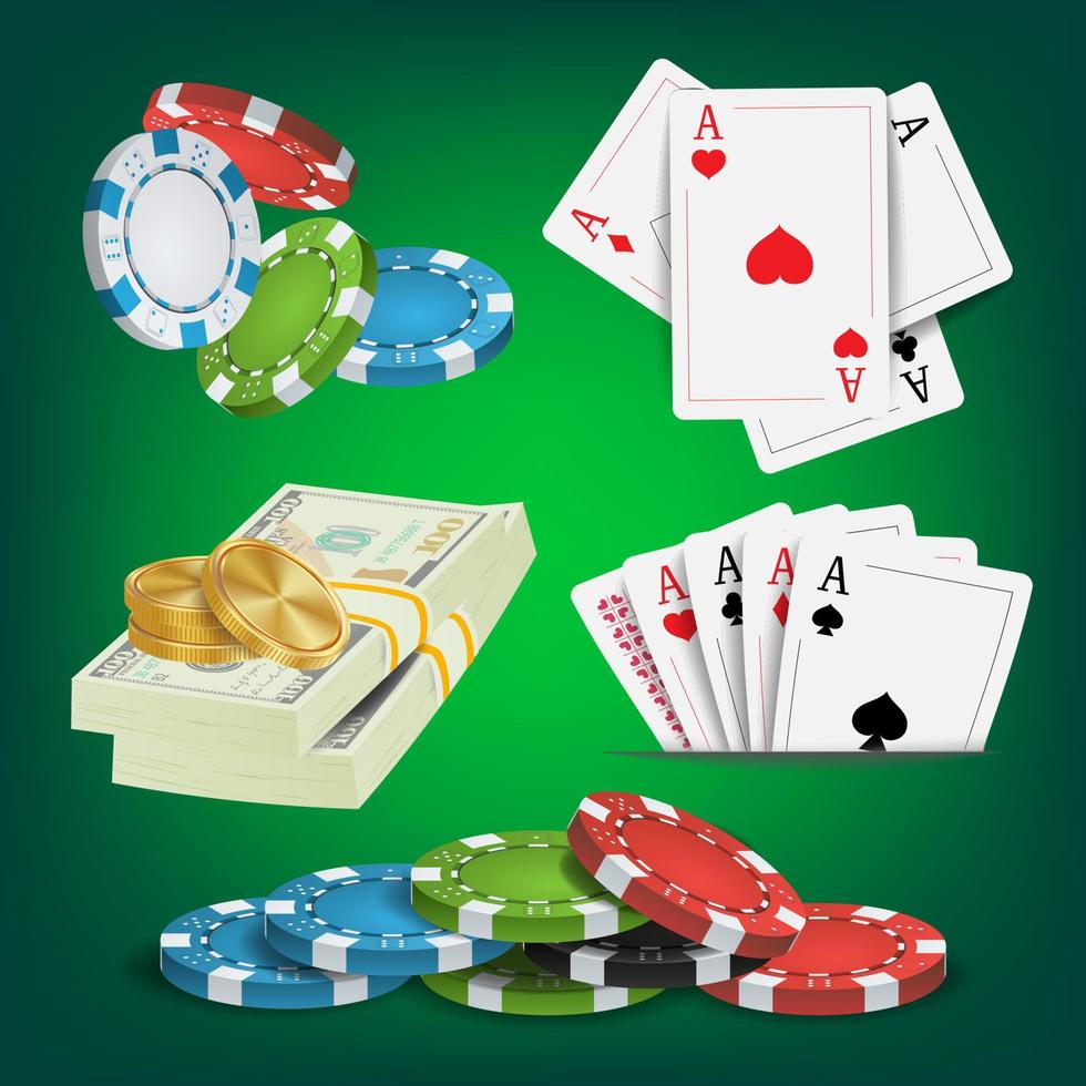 vetor de elementos de design de pôquer. pilhas de dinheiro, fichas, cartas de jogar. ilustração retrô do clube de pôquer do cassino real
