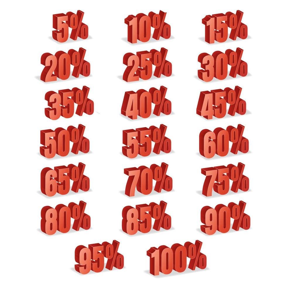 desconto números vetor 3d. ícone de porcentagem de venda vermelha definido em estilo 3d isolado no fundo branco. 10% de desconto, 15% de desconto e 20% de desconto na ilustração de desconto