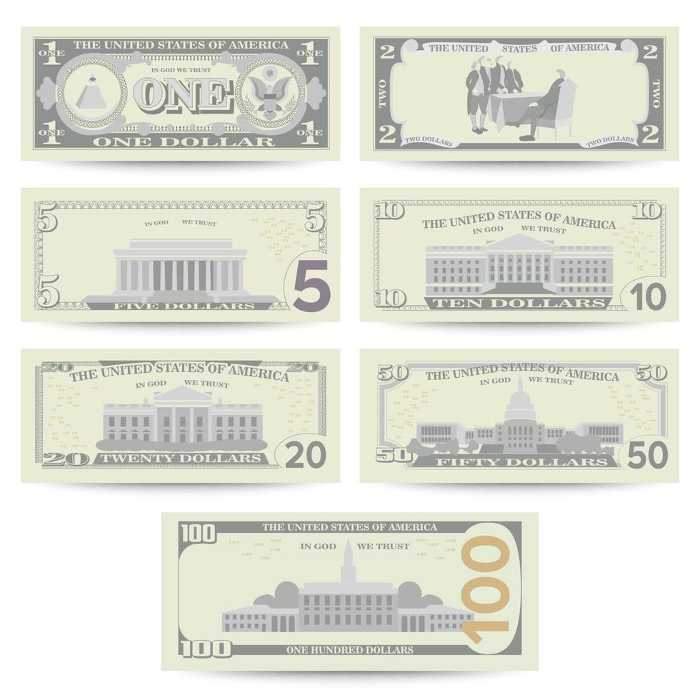 vetor de conjunto de notas de dólares. desenho animado