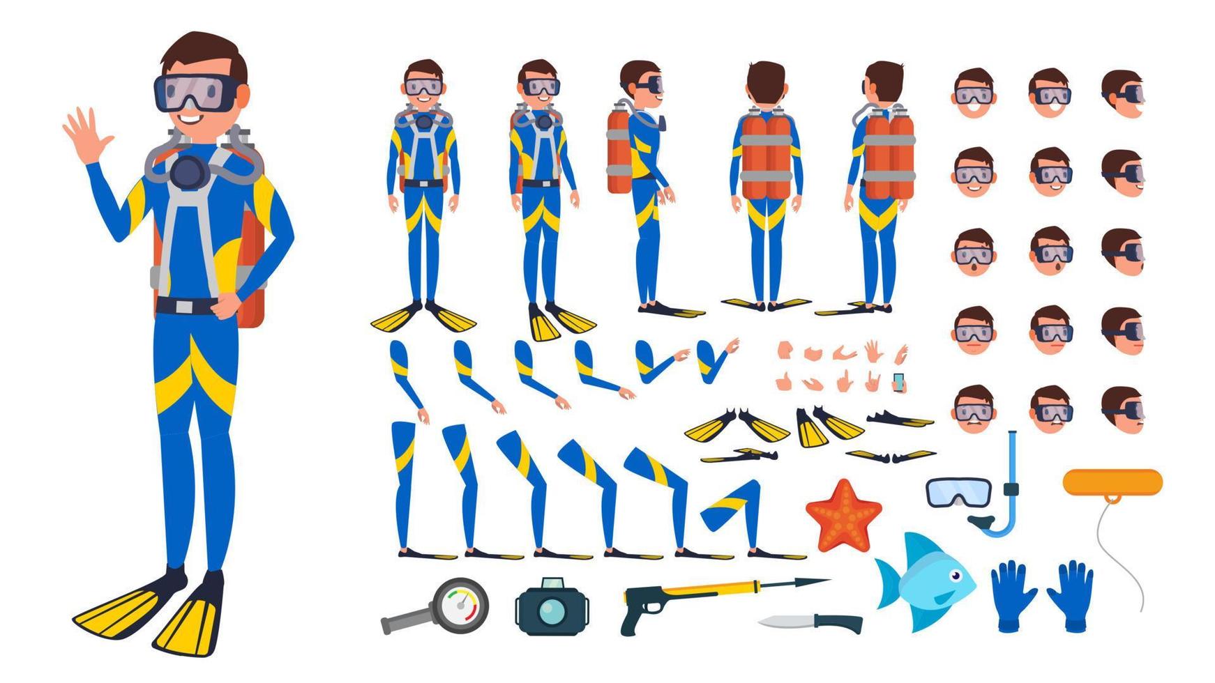 vetor de homem mergulhador. conjunto de criação de personagens animados. embaixo da agua. mergulhador. mergulho com snorkel. comprimento total, frente, lado, vista traseira, poses, emoções faciais, gestos. ilustração plana isolada dos desenhos animados