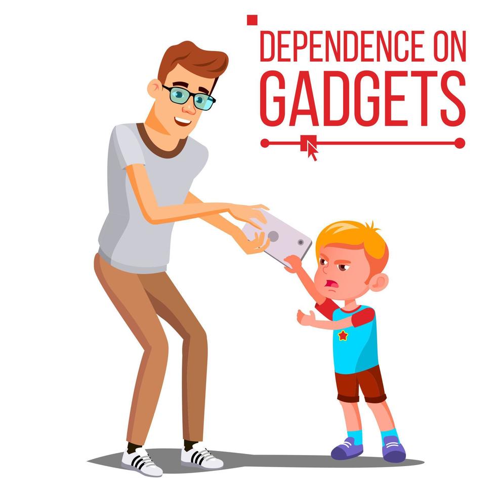 vetor de dependência de gadget infantil. pai leva smartphone do filho. vício em internet. ilustração isolada dos desenhos animados