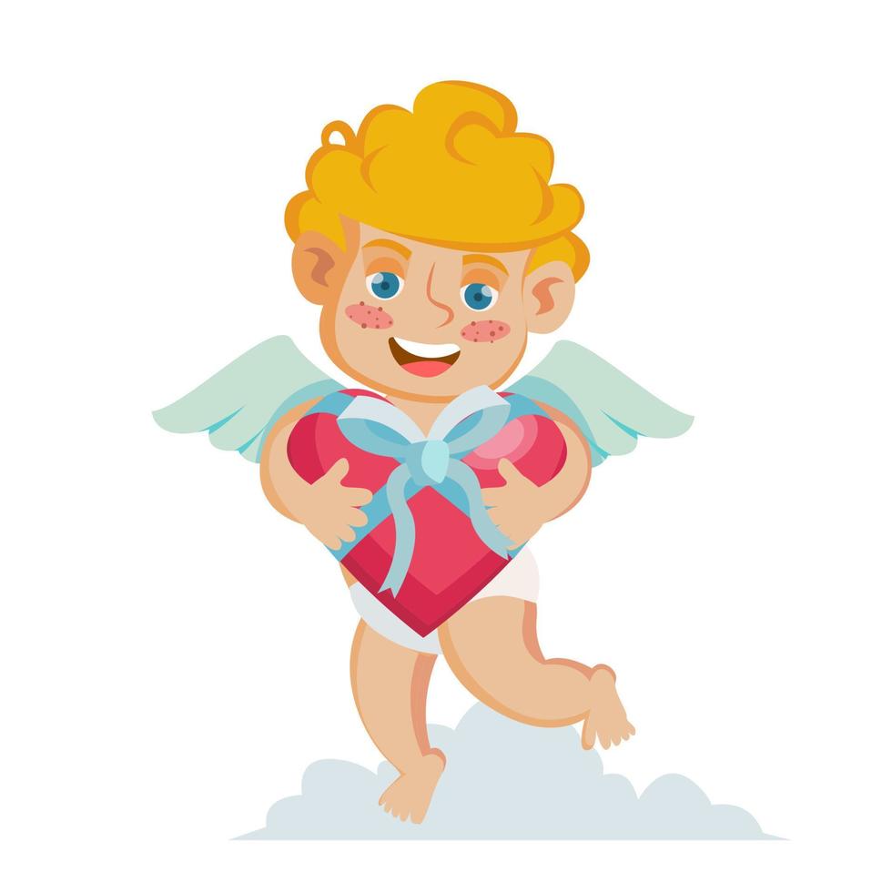 vetor cupido. feliz Dia dos namorados. segurando uma caixa presente em forma de coração. isolado na ilustração de personagem de desenho animado branco