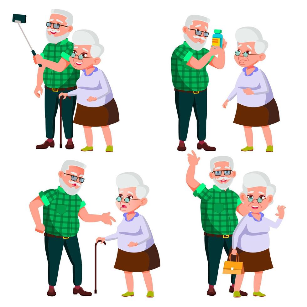 vetor de conjunto de casal de idosos. avós modernos. velhice. com óculos. enfrentar as emoções. pessoas felizes juntas. europeu. ilustração plana isolada dos desenhos animados