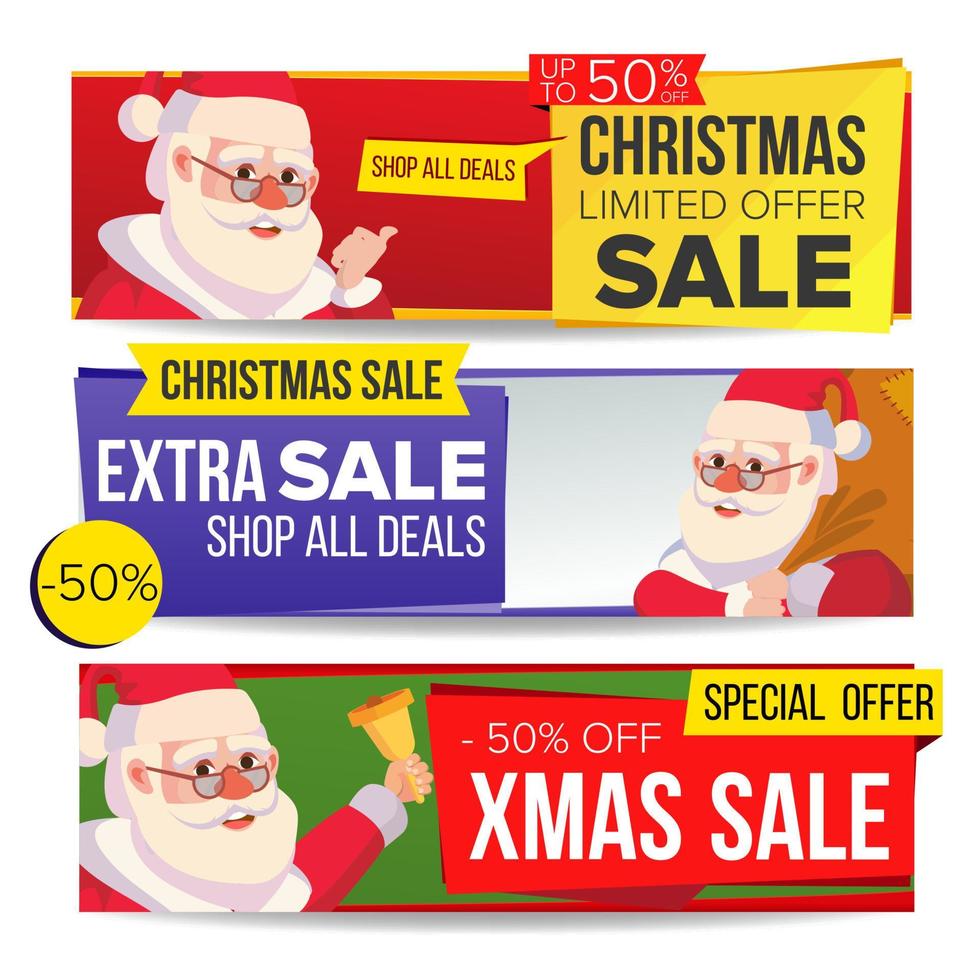 vetor de banner de venda de natal. feliz natal papai noel. etiqueta de desconto, oferta especial de natal banners horizontais. desconto e promoção de inverno. adesivos de feriados de metade do preço. ilustração isolada