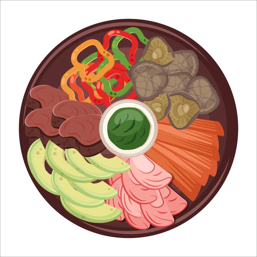 comida chinesa. closeup de prato asiático de tradição com carne, pimenta, cogumelos shiitake. ilustração vetorial plana para pratos de restaurante, menu, entrega, conceito de cozinha vetor