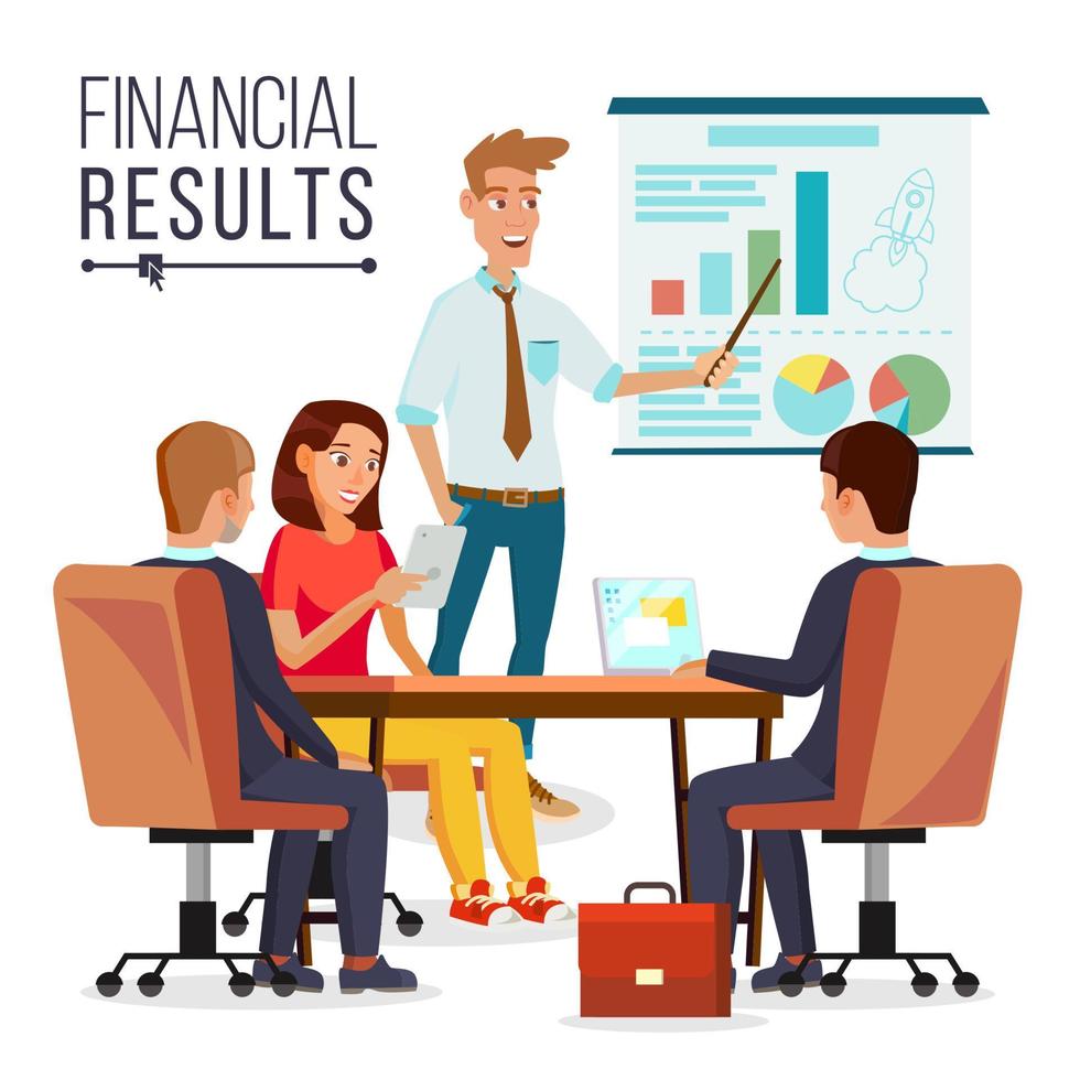 vetor de reunião de negócios. trabalho em equipe. brainstorming ou apresentação do projeto. pessoas trabalhando. homem fala antes de seus colegas. mesa de conferência. ilustração isolada de desenho animado plano