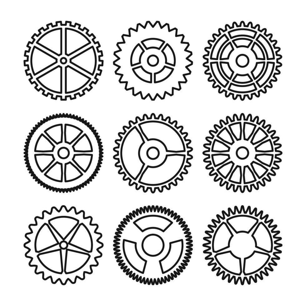engrenagens de relógio de vetor. ícones de contorno definem mecanismo de relógio ou roda de máquina. mecânico, sinal de tecnologia isolado no fundo branco. vetor