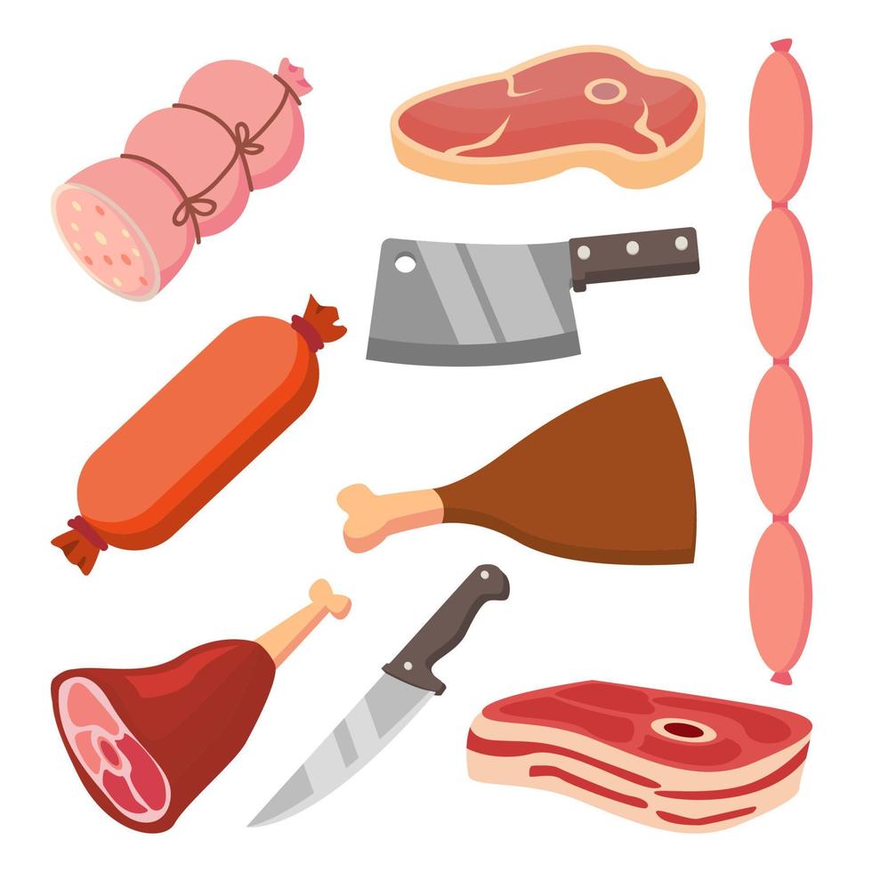 conjunto de vetores de carne fresca. salsichas, faca. ícones de comida plana. ilustração isolada dos desenhos animados