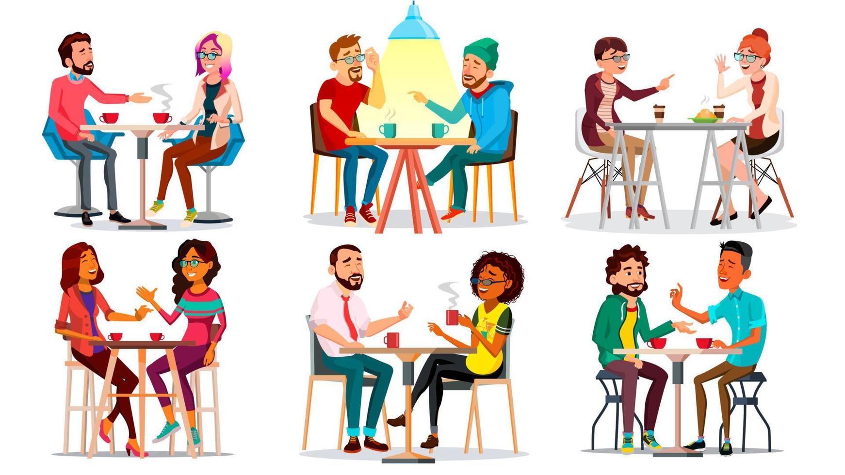 amigos no vetor de café. homem, mulher, namorado, namorada. sentados juntos e tomando café. bistrô, lanchonete. restaurante. conceito de pequeno-almoço de comunicação. ilustração isolada dos desenhos animados