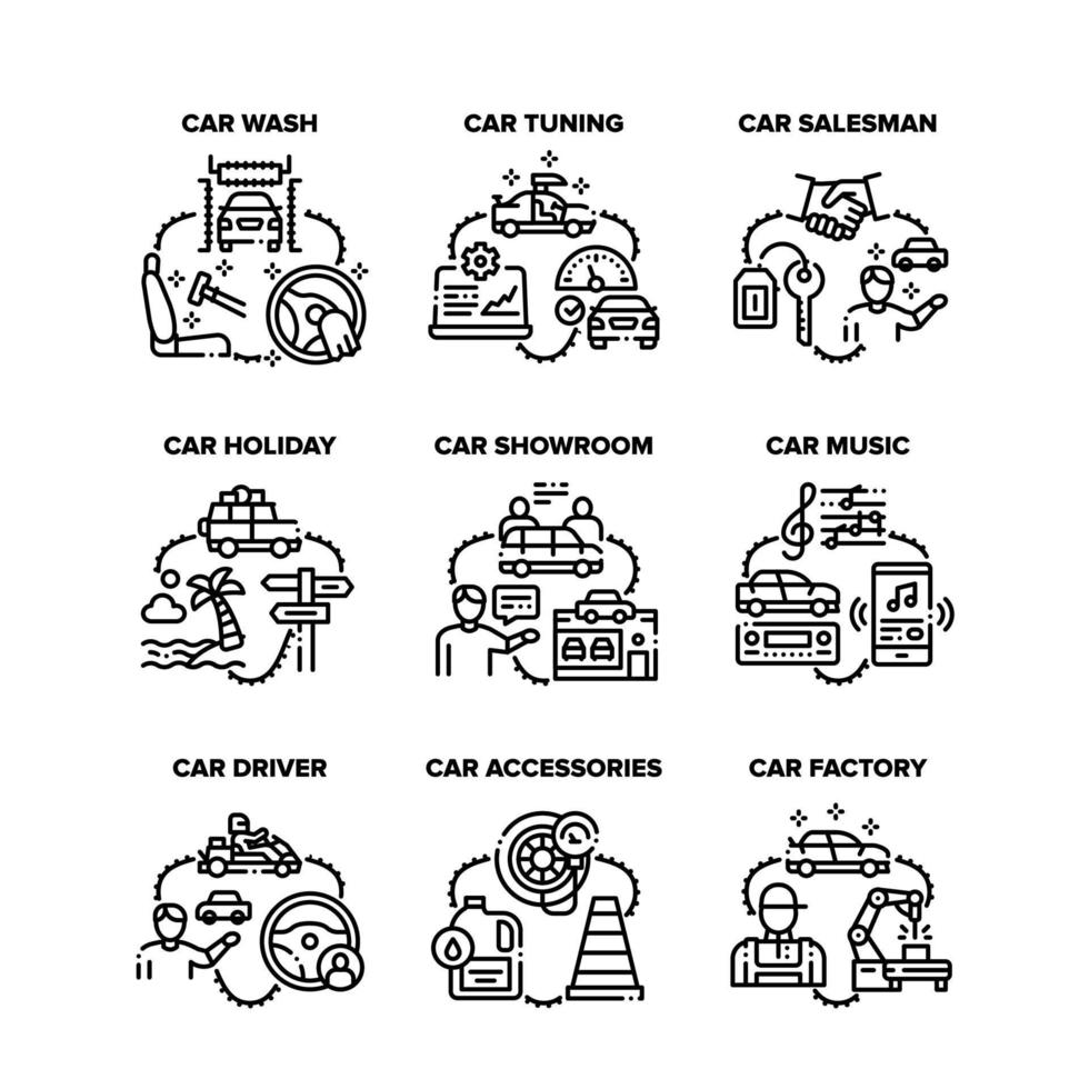 acessórios do carro definir ícones vector ilustrações pretas