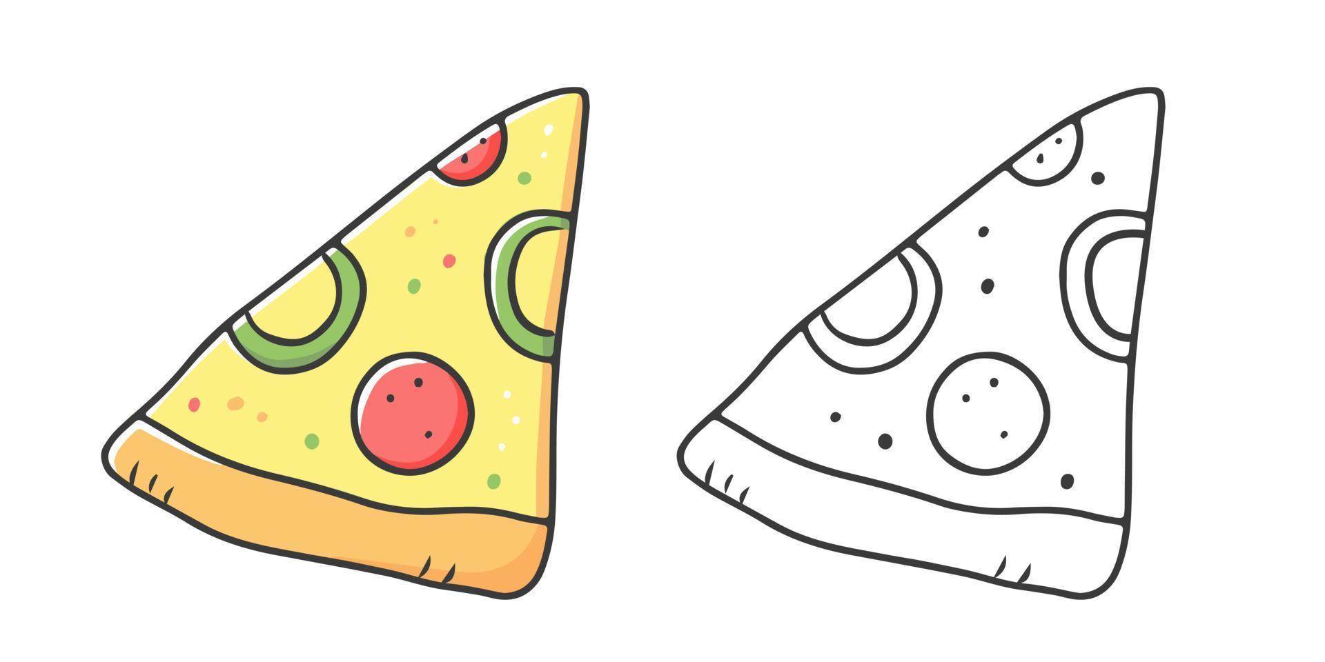 livro de colorir pizza com um exemplo de coloração para crianças. página para colorir com comida. versão monocromática e colorida. ilustração vetorial infantil. vetor