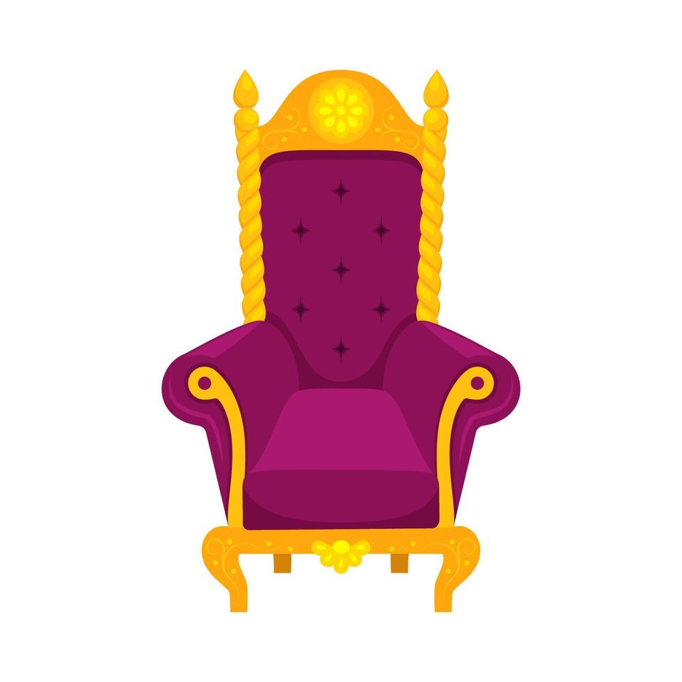 poltrona real de veludo roxo ou trono. cadeira dourada luxuosa brilhante do trono para a rainha ou o rei isolado no fundo branco. conceito de móveis antigos e medievais. ilustração vetorial plana vetor