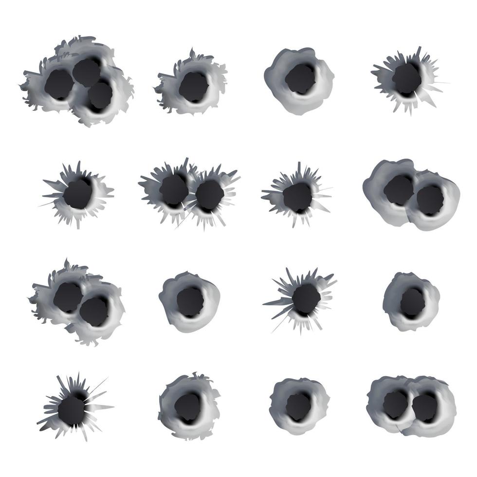 buracos de bala de metal definem vetor. buracos de arma de calibre realista perfurados através de metal isolado. buracos de balas rachados por tiros. ilustração de dano de efeito vetor