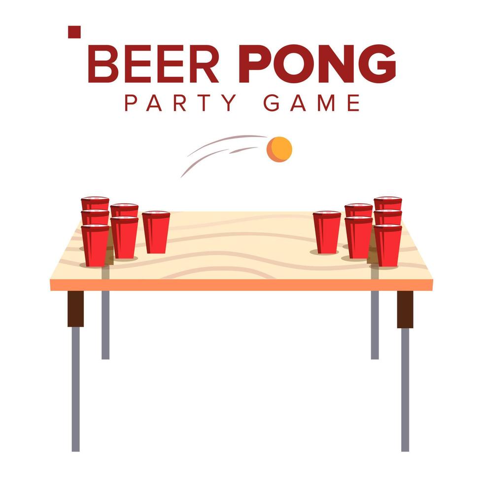 vetor de jogo de pong de cerveja. jogo de festa de álcool. copos vermelhos na mesa e bola. ilustração plana isolada
