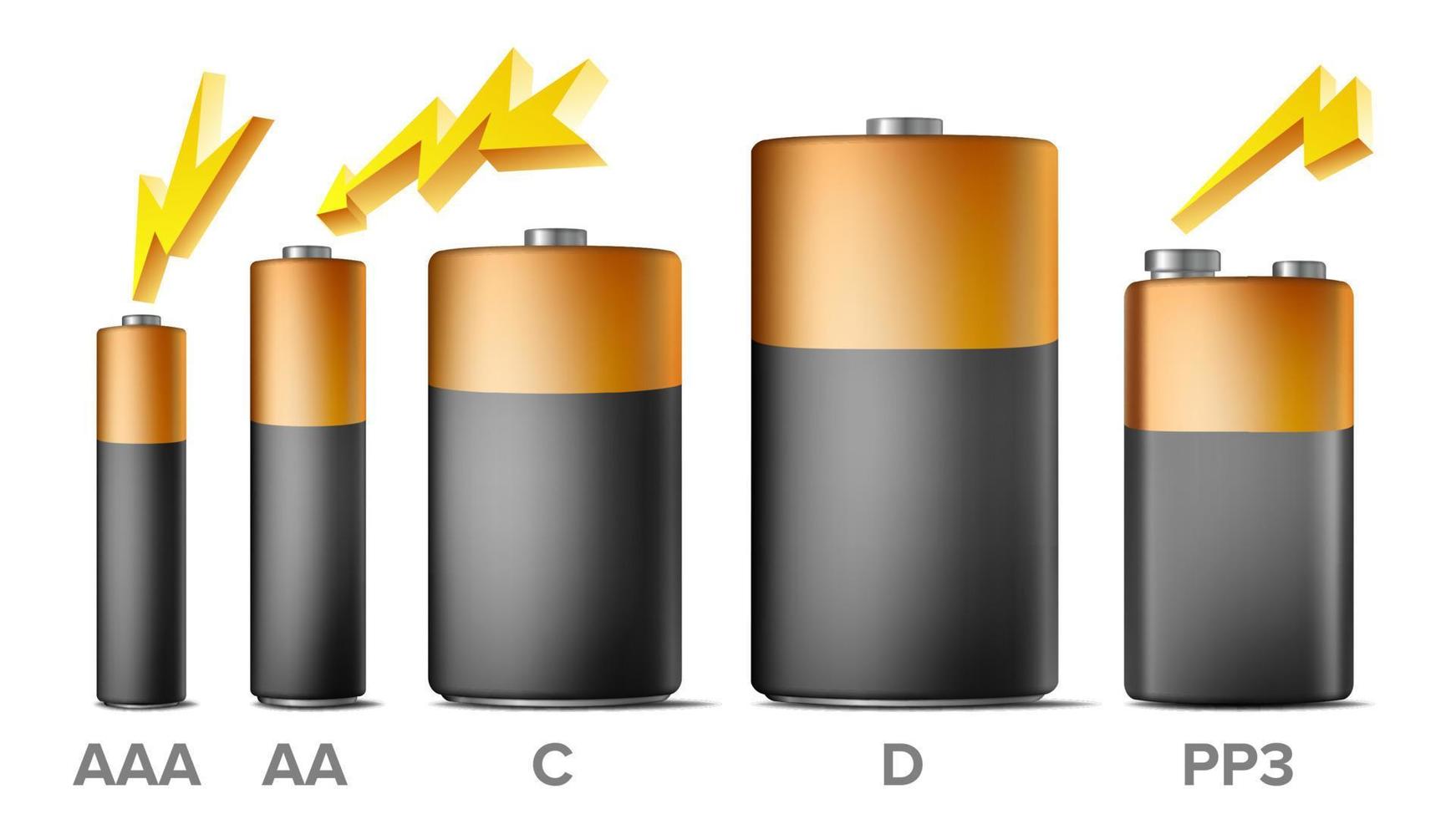 baterias alcalinas simulam vetor definido. diferentes tipos aaa, aa, c, d, pp3, 9 volts. bateria realista moderna padrão. modelo amarelo preto para design de marca. ilustração isolada