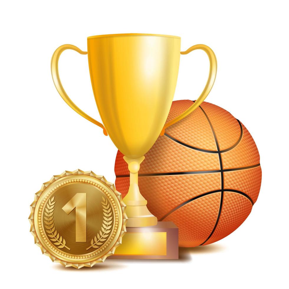 vetor de prêmio de conquista de basquete. fundo da bandeira do esporte. bola laranja, taça vencedora, medalha dourada de 1º lugar. ilustração isolada realista