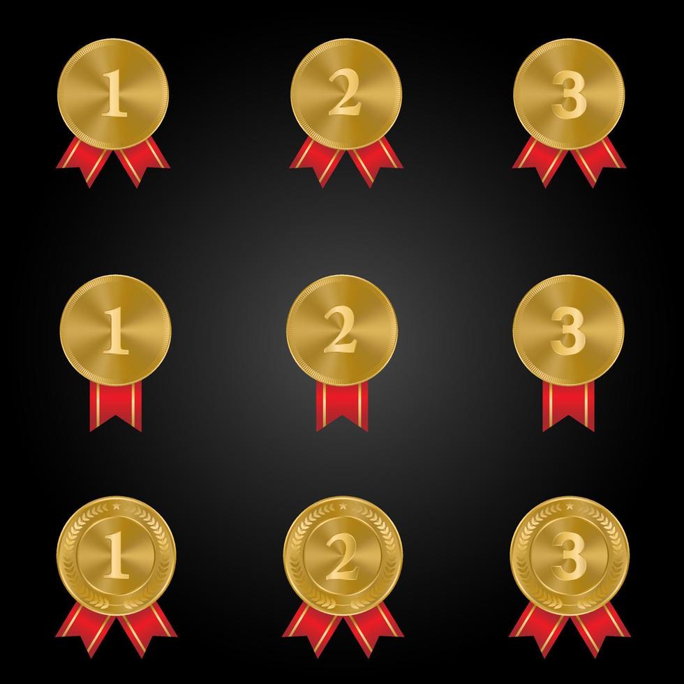 1º, 2º, 3º prêmios esportivos três medalhas, ouro isolado em um fundo preto vetor