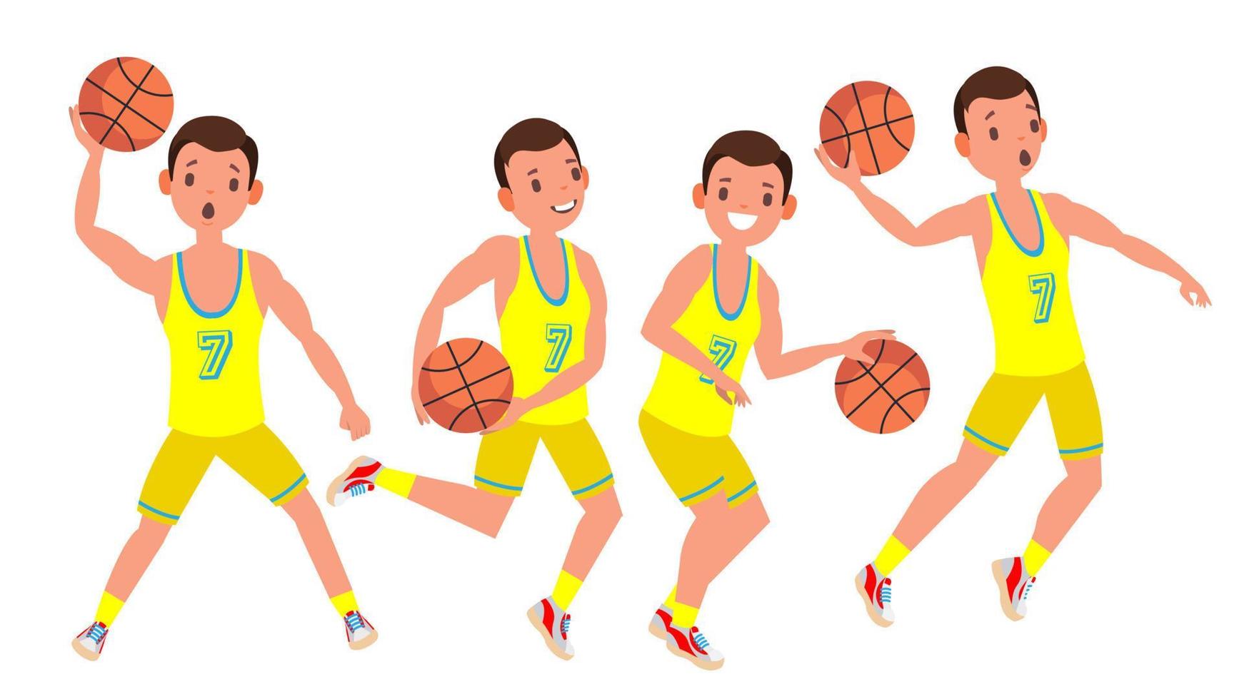 vetor de homem de jogador de basquete moderno. conceito de esportes. salto correndo com bola. competição de jogos esportivos. isolado na ilustração de personagem de desenho animado branco