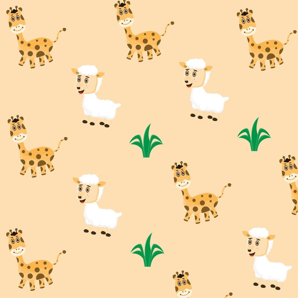 vetor padrão bonito de cabra e girafa e grama