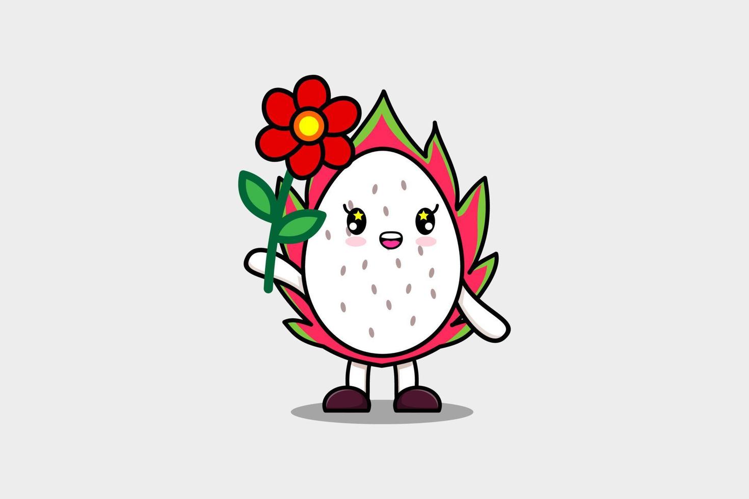 personagem de fruta do dragão dos desenhos animados segurando flor vermelha vetor