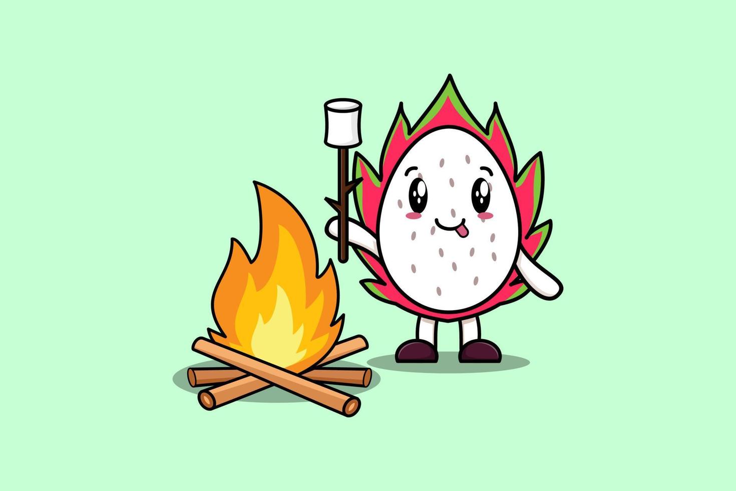 fruta do dragão bonito dos desenhos animados está queimando marshmallow vetor