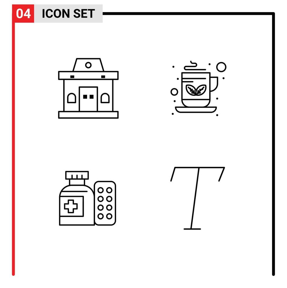 conjunto de 4 pacotes comerciais de cores planas de linha preenchida para construção de elementos de design de vetores editáveis de hospital de chá urbano de medicina