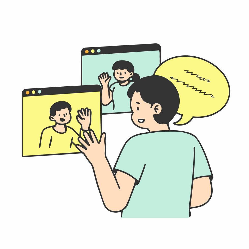 o homem contata colegas de trabalho por videoconferência. eles discutindo sobre o projeto. ilustração vetorial vetor