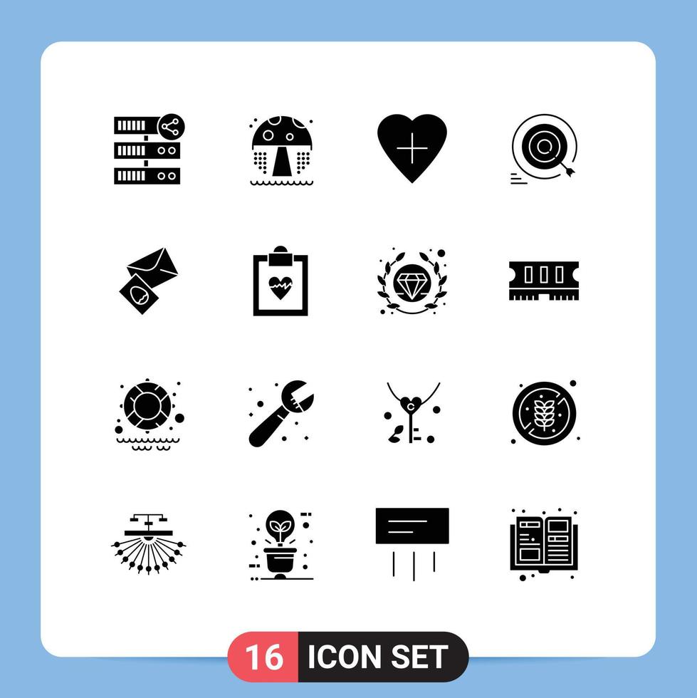 grupo de símbolos de ícone universal de 16 glifos sólidos modernos de objetivos de correio, objetivo de seta de coração, elementos de design de vetores editáveis