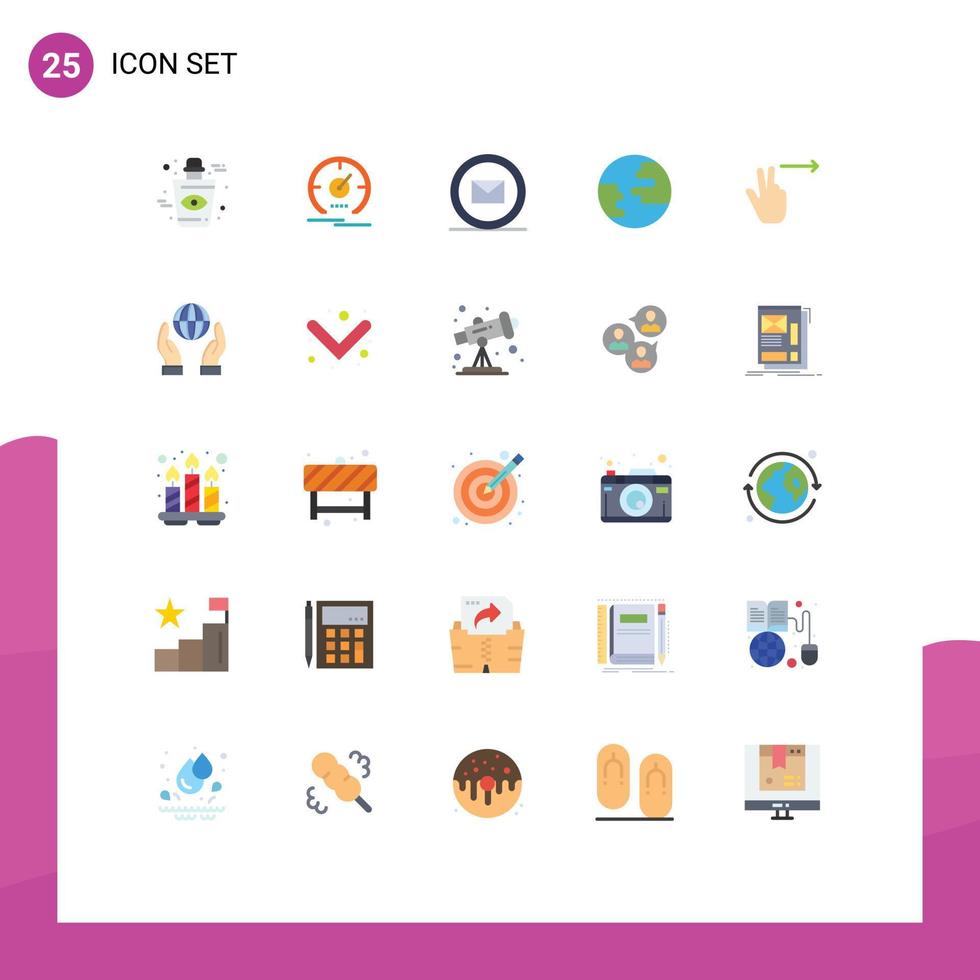 Pacote de cores planas de 25 interfaces de usuário de sinais e símbolos modernos de gestos em todo o mundo, velocímetro, globo, elementos de design de vetores editáveis na web