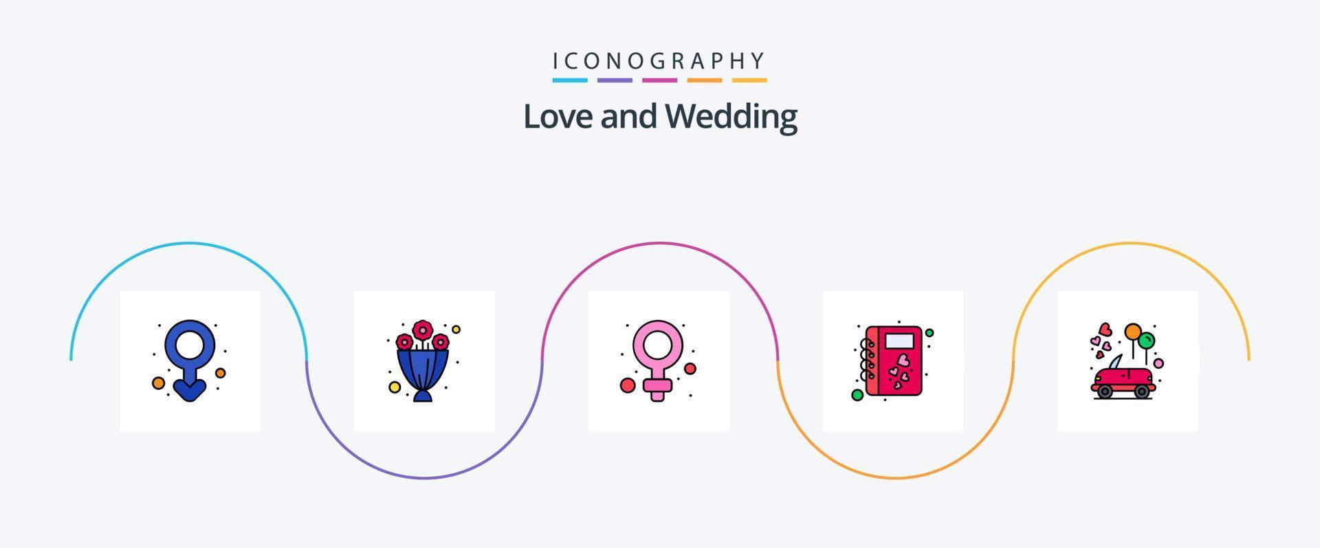 linha de casamento cheia de pacote de 5 ícones planos, incluindo lua de mel. carro. o sinal. romance. diário vetor