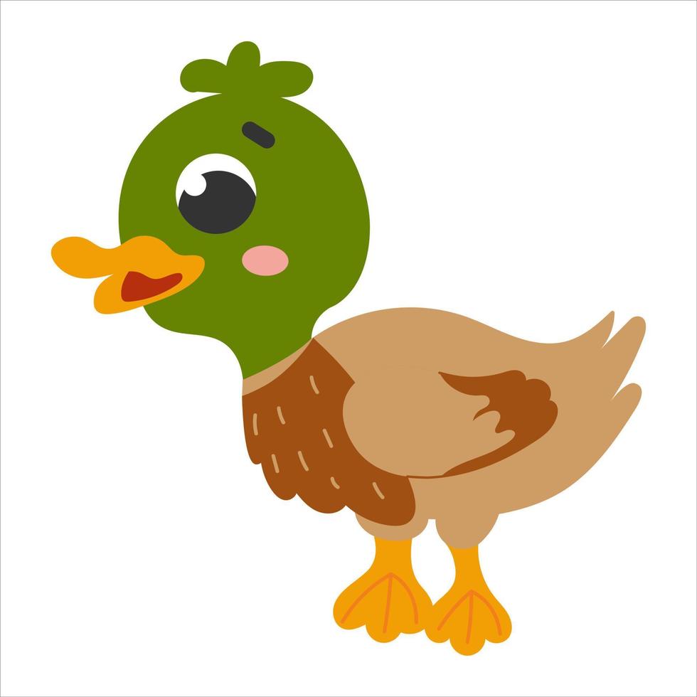 pato verde bonito em estilo cartoon isolado no fundo branco, animal de fazenda, conceito de estilo de vida rural para crianças vetor