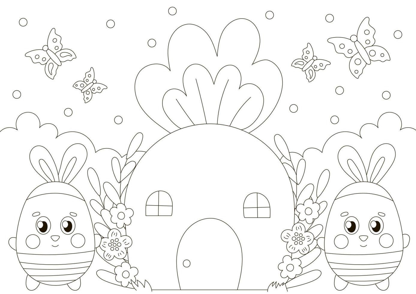 página para colorir fofa para férias de páscoa com personagens de coelho perto de casa de cenoura em estilo escandinavo, jogo para impressão vetor