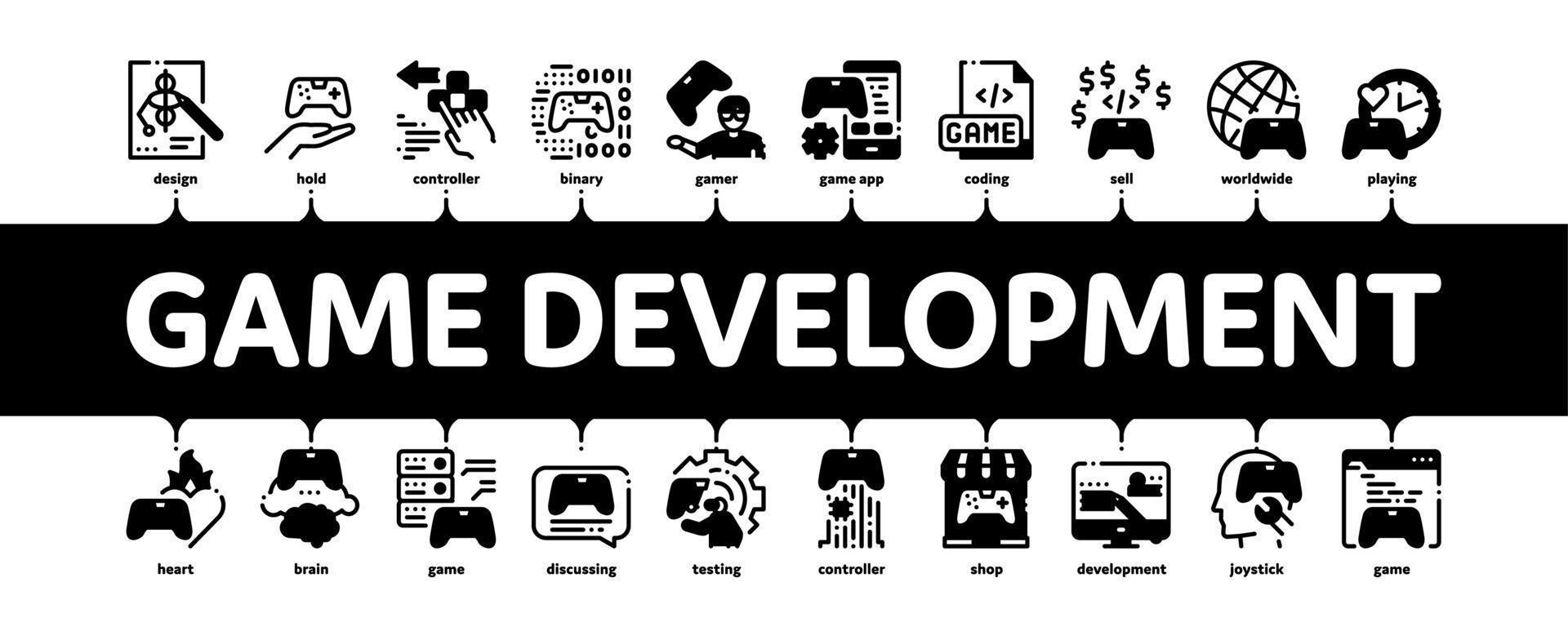 vetor de banner infográfico mínimo de desenvolvimento de videogame