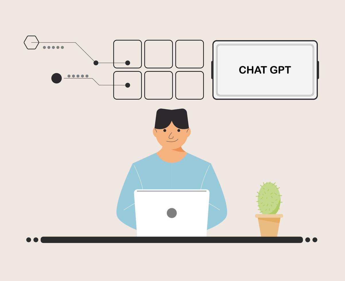 chat gpt men person use laptop digital. menino pessoas pesquisa bate-papo gpt ai, openai, bot inteligente, local de trabalho, fundo de tecnologia. ilustração vetorial para inteligência artificial, infográficos, banner da web. vetor