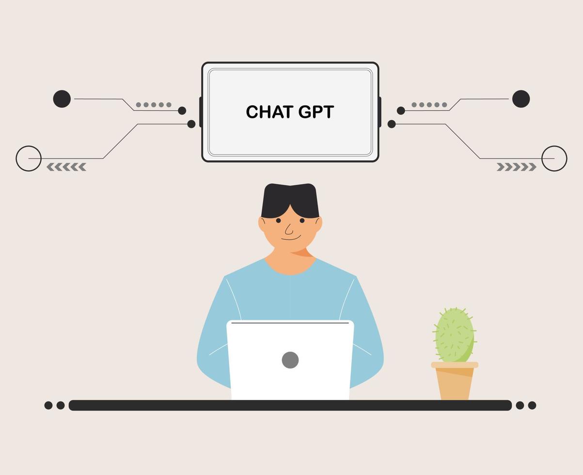 chat gpt men person use laptop digital. menino pessoas pesquisa bate-papo gpt ai, openai, bot inteligente, local de trabalho, fundo de tecnologia. ilustração vetorial para inteligência artificial, infográficos, banner da web. vetor