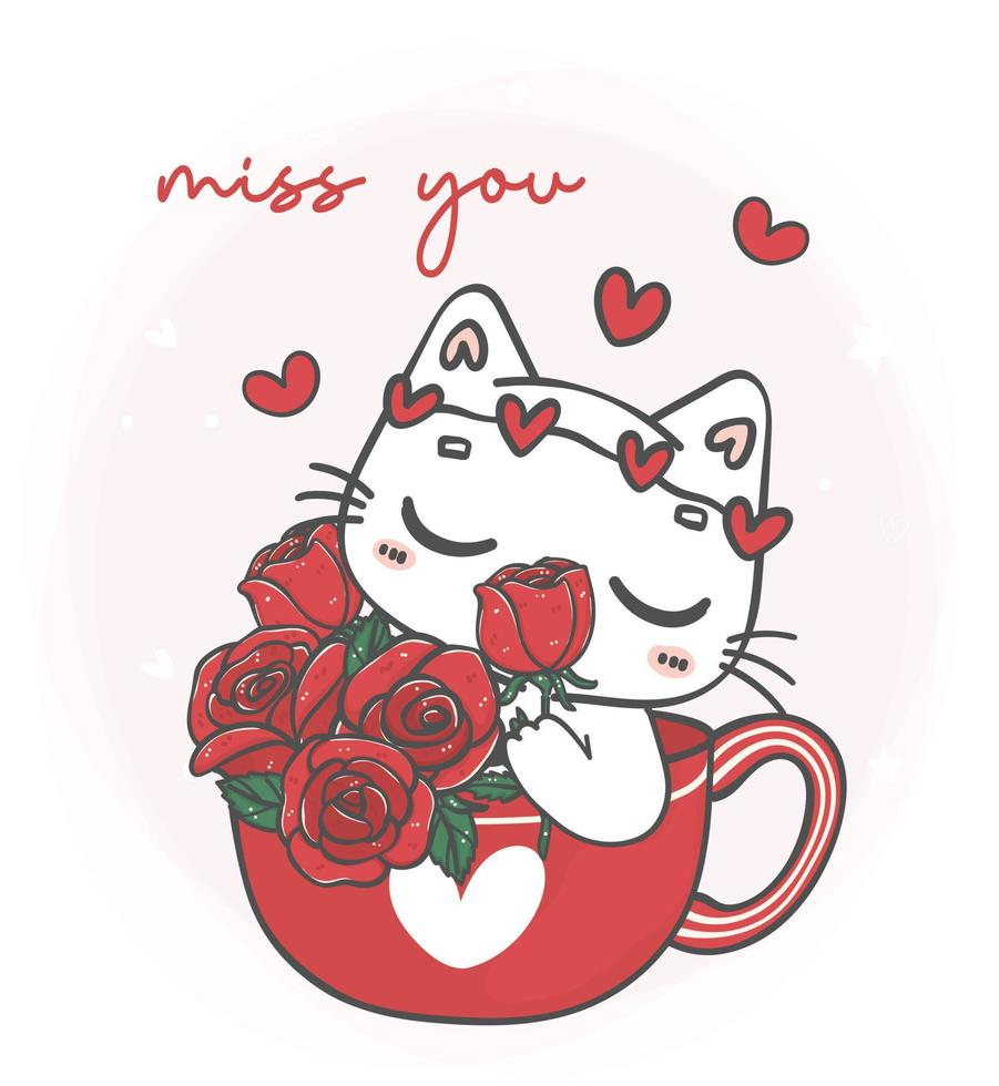 lindo gato branco kawaii cheirando flores de rosas em caneca vermelha, sinto sua falta, personagem de desenho animado animal de estimação desenho à mão vetor de ilustração