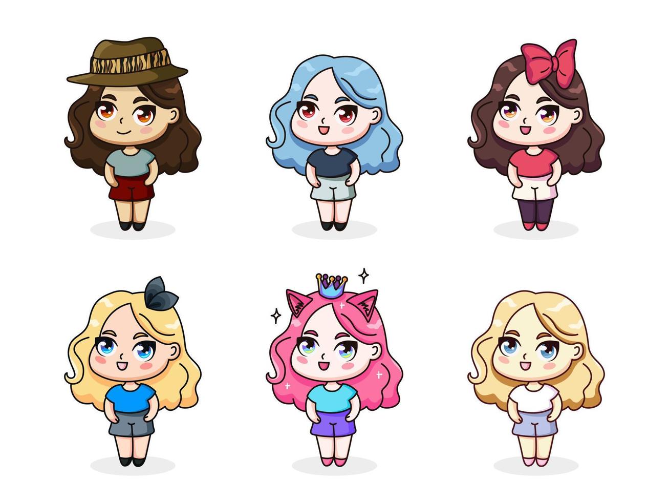 coleção de ilustrações isoladas de garotas de anime fofas com acessórios diferentes e cores de cabelo diferentes. vetor chibi adesivos ou emblemas. ilustrações vetoriais para qualquer uso.