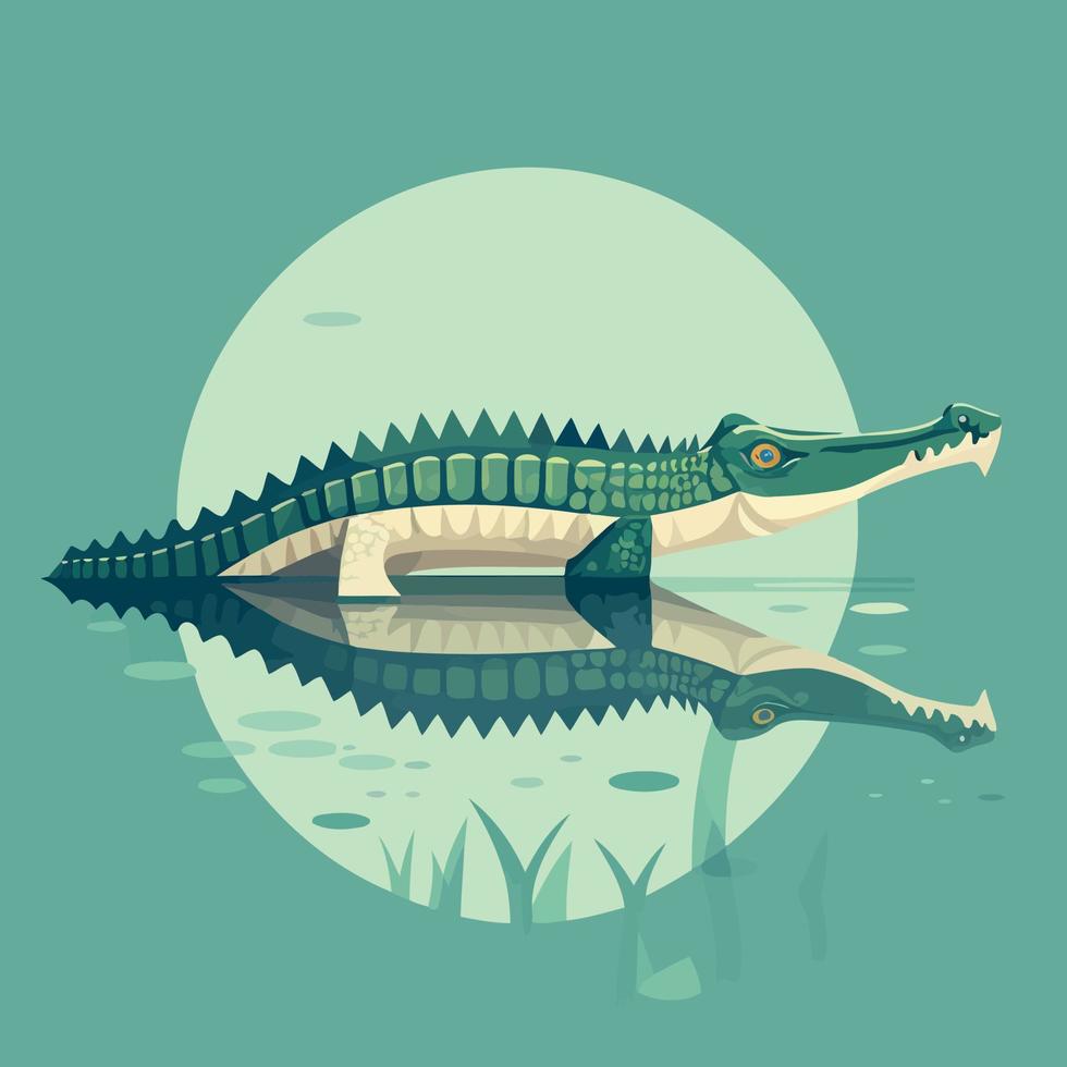 animal crocodilo na água com a lua ao fundo vetor