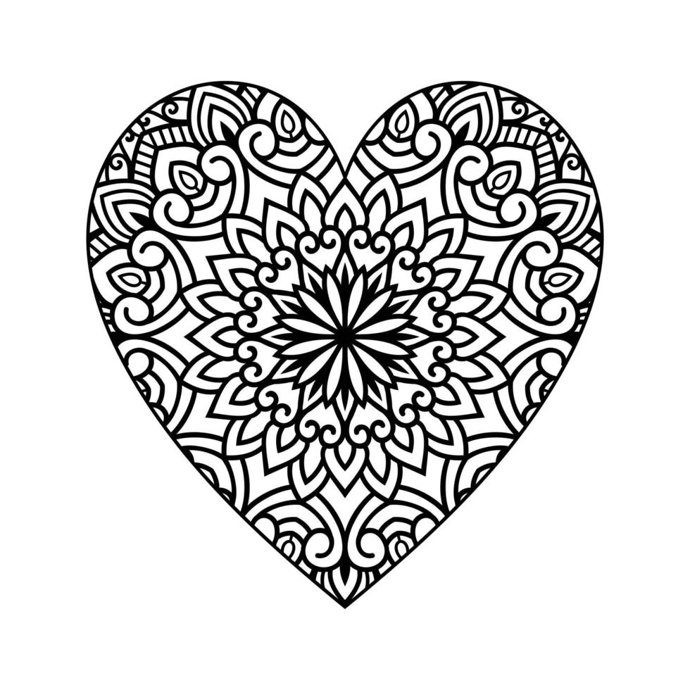 padrão floral de mandala em forma de coração para livro de colorir, coração com padrão de mandala floral, doodle de mandala floral de coração desenhado à mão, página de coloração de mandala de coração para adulto vetor