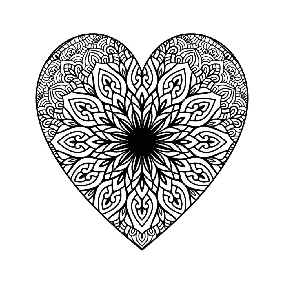 padrão floral de mandala em forma de coração para livro de colorir, coração com padrão de mandala floral, doodle de mandala floral de coração desenhado à mão, página de coloração de mandala de coração para adulto vetor