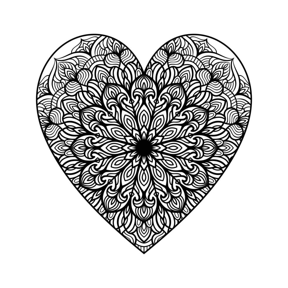 padrão floral de mandala em forma de coração para livro de colorir, coração com padrão de mandala floral, doodle de mandala floral de coração desenhado à mão, página de coloração de mandala de coração para adulto vetor