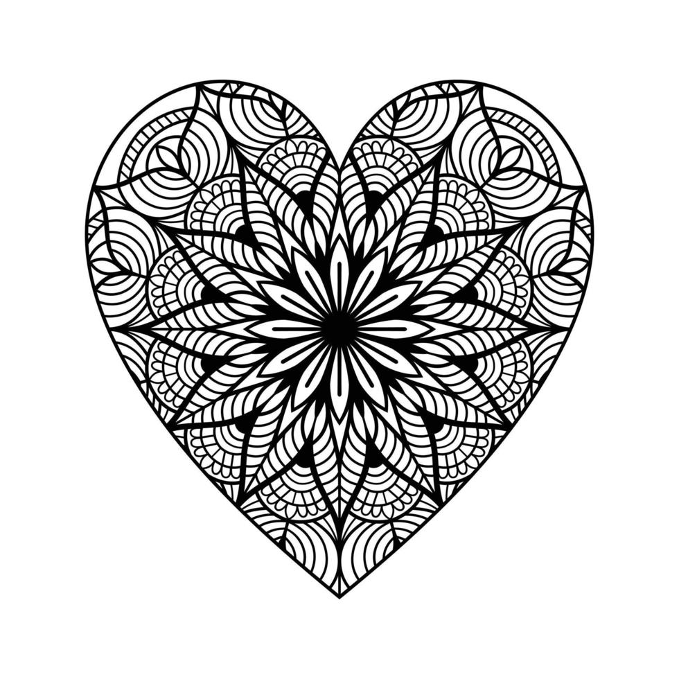 coração com padrão de mandala floral, padrão floral de mandala em forma de coração para livro de colorir, doodle de mandala floral de coração desenhado à mão, página de coloração de mandala de coração para adulto vetor