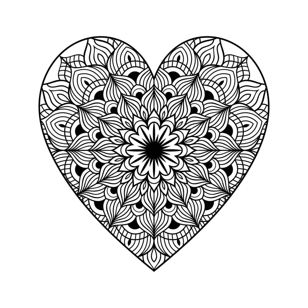 coração com padrão de mandala floral, padrão floral de mandala em forma de coração para livro de colorir, doodle de mandala floral de coração desenhado à mão, página de coloração de mandala de coração para adulto vetor