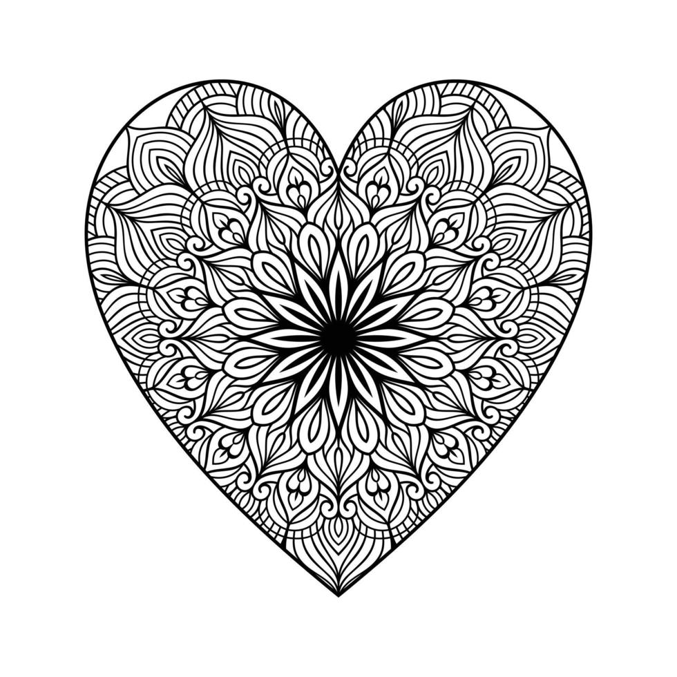 coração com padrão de mandala floral, padrão floral de mandala em forma de coração para livro de colorir, doodle de mandala floral de coração desenhado à mão, página de coloração de mandala de coração para adulto vetor