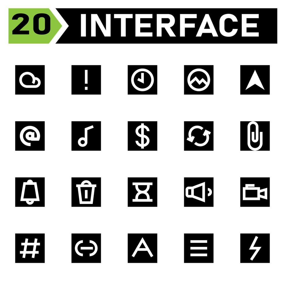 conjunto de ícones de interface inclui nuvem, clima, interface, cuidado, aviso, atenção, importante, tempo, cronômetro, relógio, alarme, quadro, foto, galeria, mensagem, correio, carta, bate-papo, e-mail, envelope, música vetor