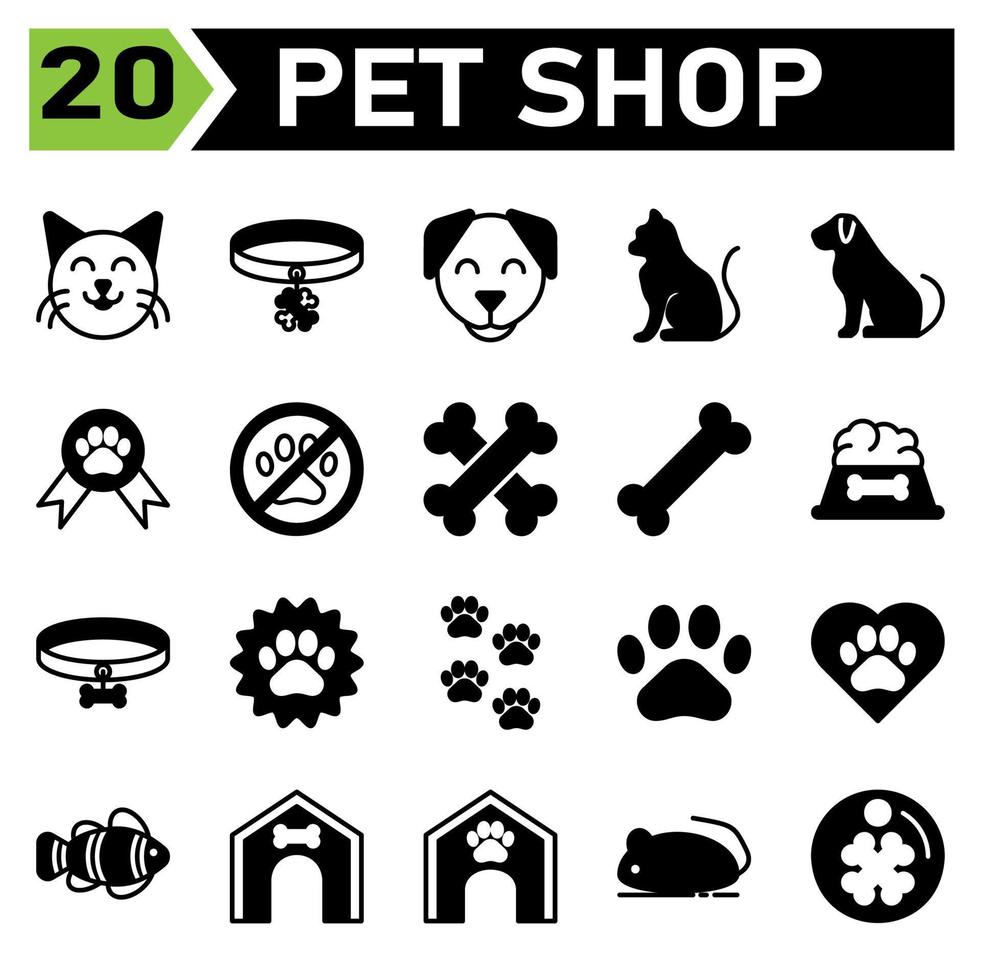 conjunto de ícones de loja de animais de estimação inclui gato, animal de estimação, animal, emoticon, cara, colarinho, cachorro, Etiqueta, Pista, animais de estimação, medalha, Prêmio, pata, concurso, Atenção, atenção, alerta, osso, Comida, mastigar, brinquedos, nutrição, refeição , realização vetor